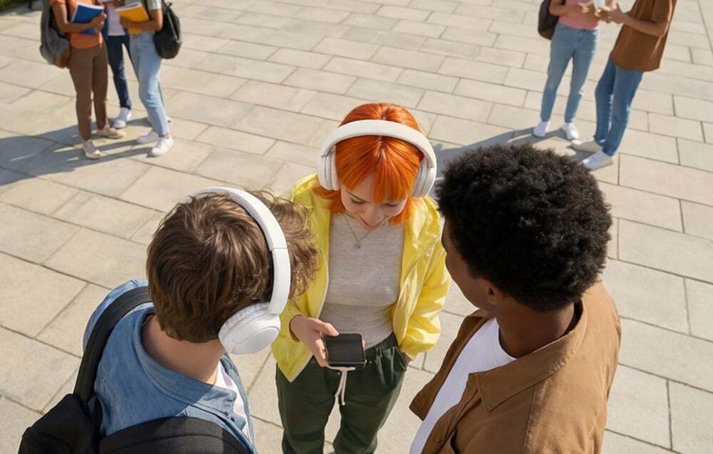 Three students look down at a smartphone screen; two are wearing white headphones