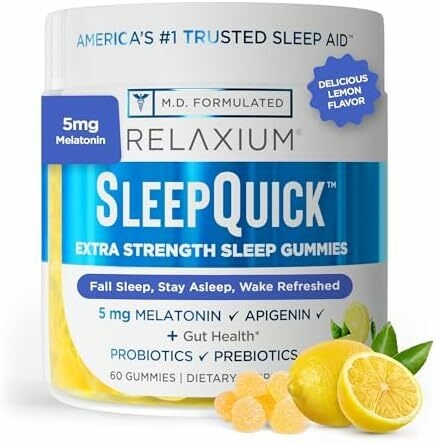 Relaxium Sleep Quick Gummy, Sleep Aid Support, 5 mg Melatonin, Vitamin D-3, Prebiotic & Probiotic Blend, Gluten & Drug Free, Lemon Flavor, 60 Gummies