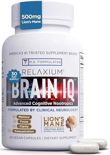 Relaxium BrainIQ Nootropic Brain Supplements | Memory Supplement for Brain Health | Cognitive Supplement & Memory Pill with Lion's Mane | L-threonine & Coffee Extract - 60 Count (Pack of 1)