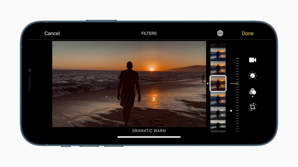 A filter is easily applied to a sunset photograph on iPhone 12 Pro.