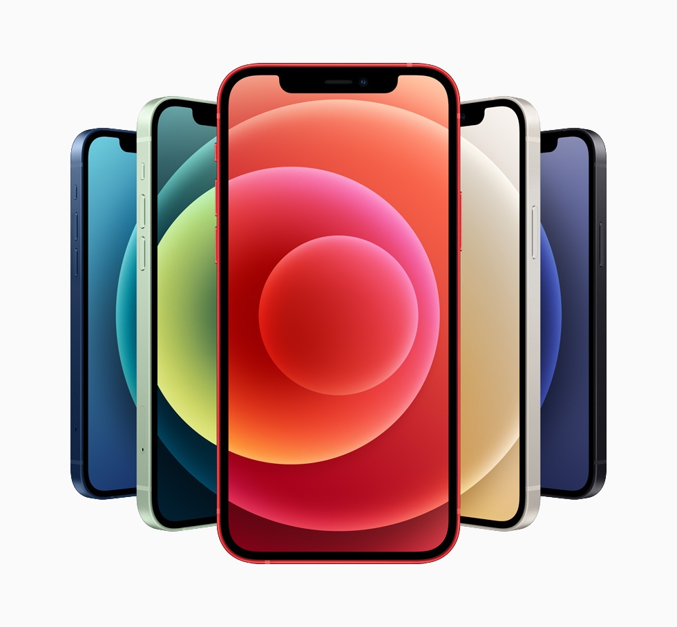 藍色、紅色、白色、綠色和黑色鋁金屬外觀的 iPhone 12。