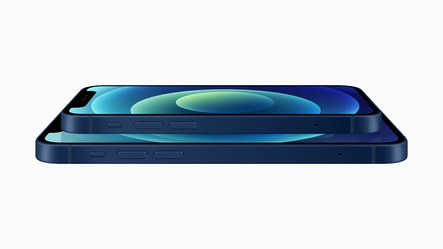 A stacked view of iPhone 12 and iPhone 12 mini in the blue aluminum finish.