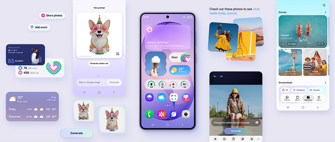 Galaxy S26 plus is seen from the main screen. Various active features that are more personalised to the user's needs and habits, flank the device. These include Creative Studio, Photo Assist and more.