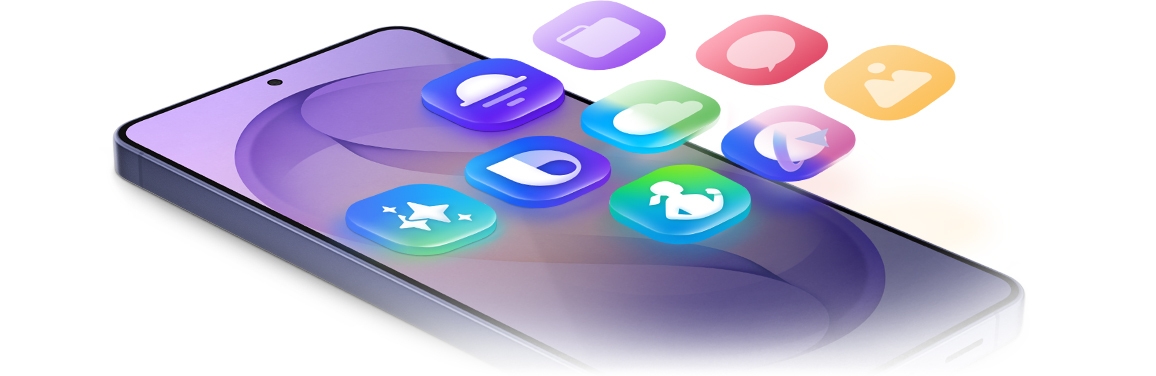 Galaxy S26 plus is seen facing up with various apps floating above the Home screen, which can all be easily transferred from a previous device.