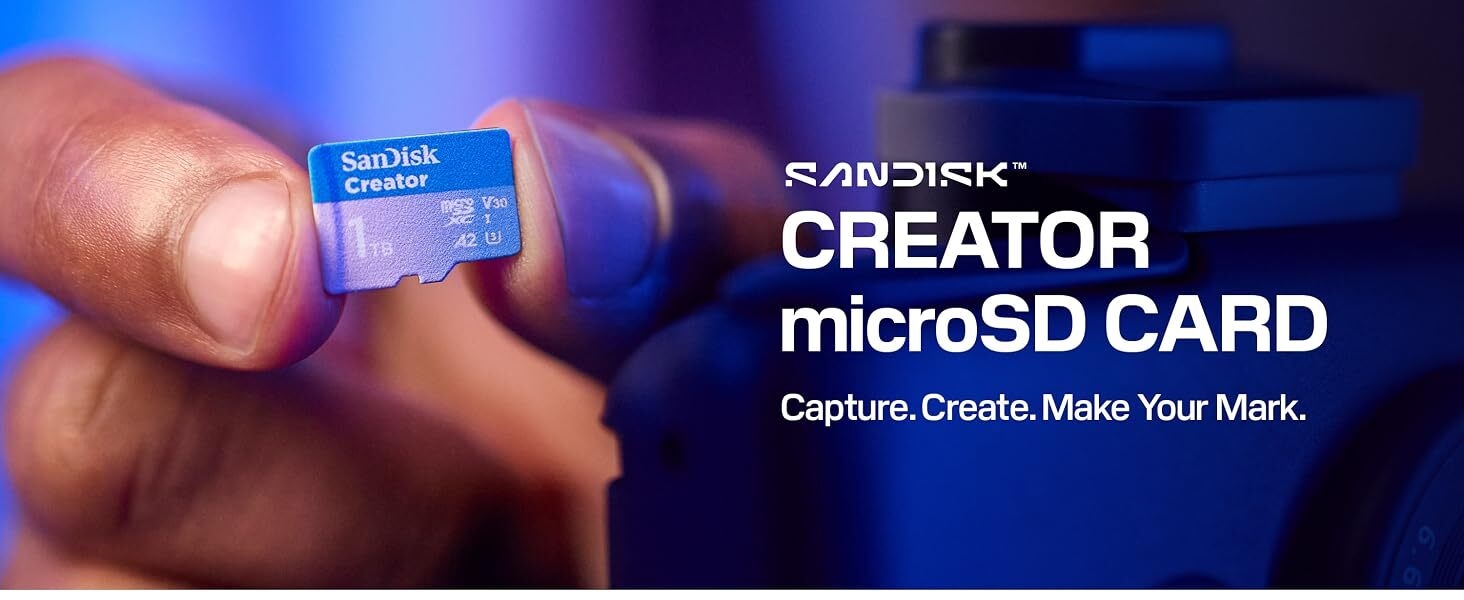 Text reads 'CREATOR' and 'microSD CARD'. Blue product packaging or interface screen showing digital device branding and memory card reference.