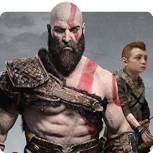 Video game promotional art showing characters in a snowy, gray environment. Features warrior-like figure with armor and distinctive markings against atmospheric backdrop.