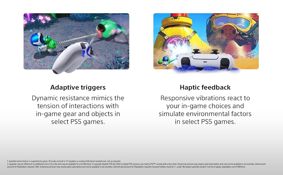 Text reads 'Adaptive triggers', 'Haptic feedback', 'Dynamic resistance', 'Responsive vibrations', 'In-game gear and objects'. Series of gaming controller feature illustrations with explanatory text.