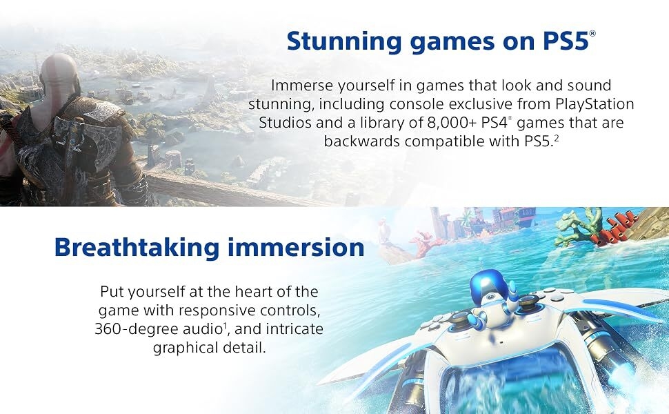 Text reads 'Stunning games on PS5' and 'Breathtaking Immersion'. Marketing image showing game artwork with text about backwards compatibility and 360-degree audio features.