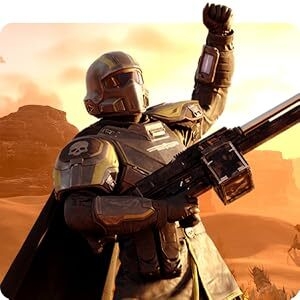 Armored trooper in white combat suit raising fist triumphantly while holding large rifle, set against orange-tinted desert landscape backdrop.