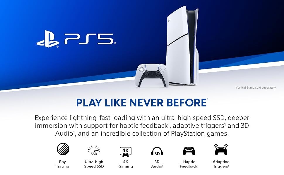 Text reads 'PS5 PLAY LIKE NEVER BEFORE'. White PlayStation 5 console display with icons showing gaming features and capabilities in a blue-themed promotional layout.