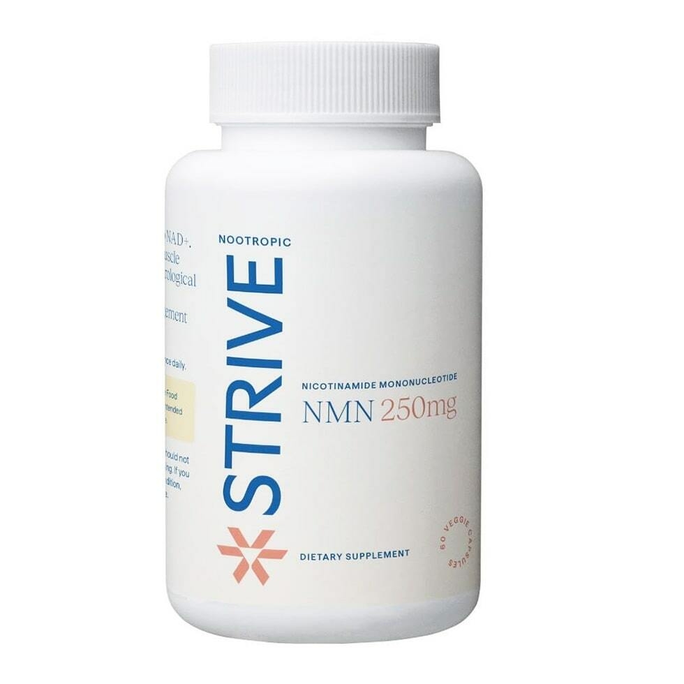white bottle of strive pharmacy supplement nmn 250mg 60 capsules