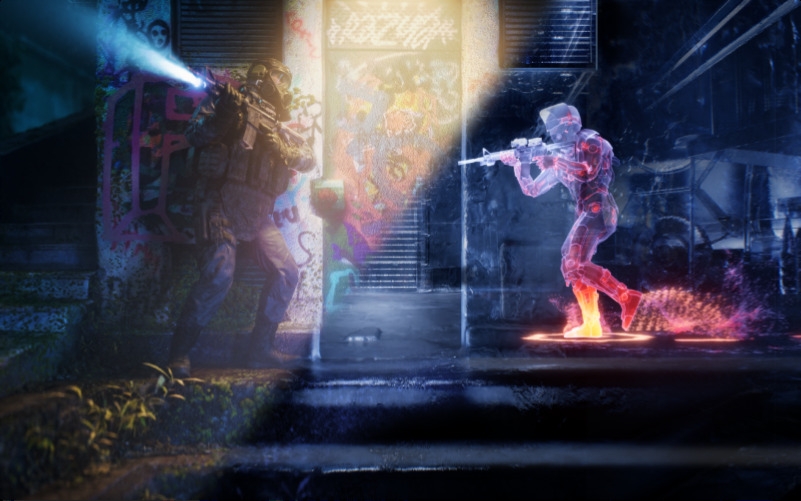 An abstract x-ray image showing a scene where a fighter sneaks up on their opponent.