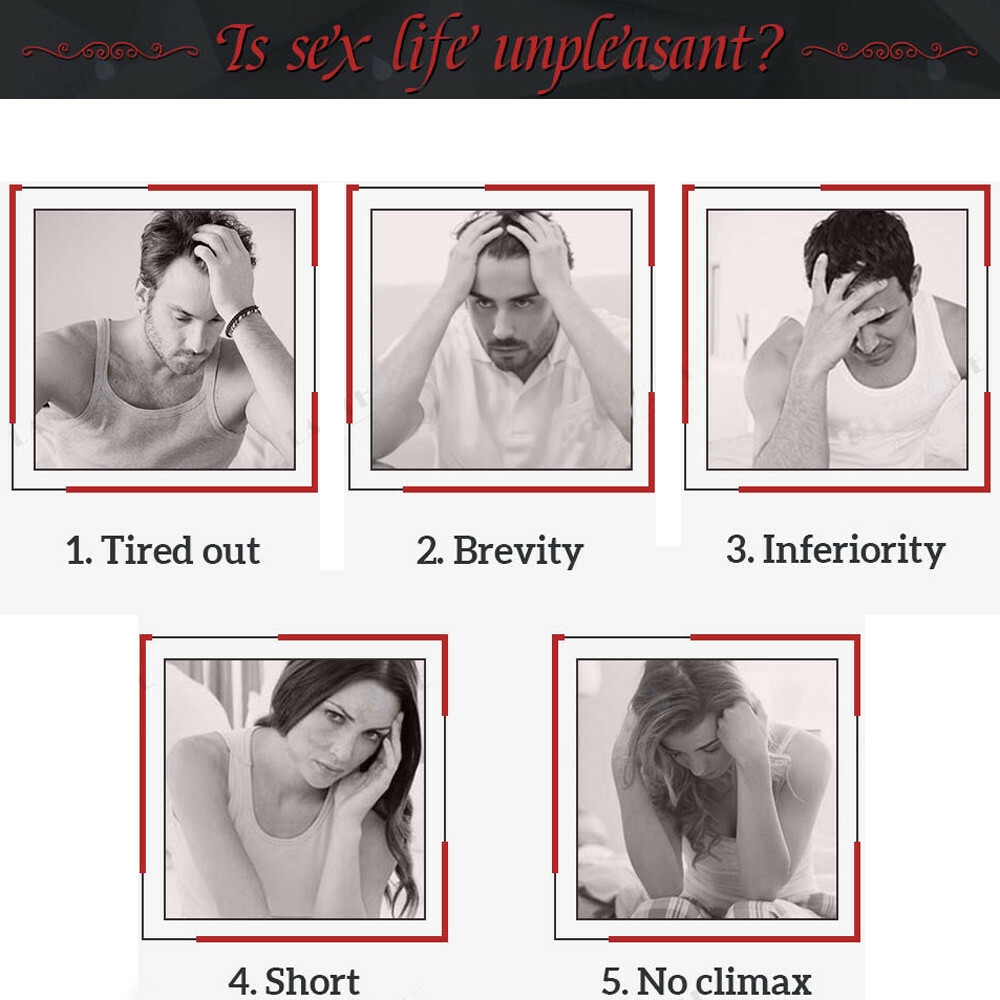 Five images depicting emotional distress related to sexual dissatisfaction. Each image shows a person with their head in their hands, expressing feelings of 'Tired out,' 'Brevity,' 'Inferiority,' 'Short,' and 'No climax.' The text at the top asks, 'Is sex life unpleasant?' highlighting common issues faced in intimate relationships