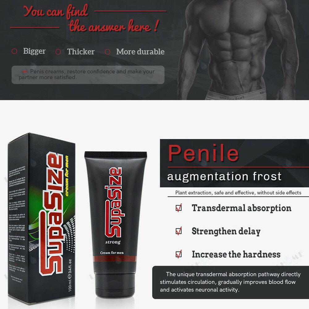 Image promoting SupaSize cream for men, highlighting benefits for penile augmentation with claims of increased size, thickness, and durability. The product is packaged in a sleek black box and tube, emphasizing transdermal absorption, strength enhancement, and increased hardness. Suggested for restoring confidence and satisfying partners
