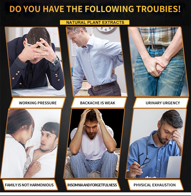A collage of six images illustrating common health concerns. Top row: a stressed man in a suit with his hands on his head (working pressure), a man wincing in pain holding his lower back (backache), and a man with a distressed expression holding his groin (urinary urgency). Bottom row: a couple in a tense discussion (family issues), a man looking overwhelmed with his hands in his hair (insomnia and forgetfulness), and a man appearing exhausted while working at a computer (physical exhaustion). Bold text reads: