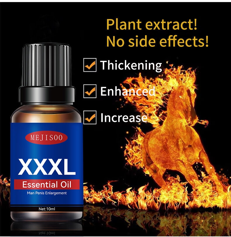 1. XXXL Essential Oil by MejiSoo for natural male enhancement in a sealed bottle. 2. Plant extract formula essential oil designed for men's thickening and enlargement. 3. MejiSoo XXXL Essential Oil: promotes thickening and enhancement with no side effects. 4. 10ml essential oil for male enhancement featuring plant extracts and benefits outlined. 5. MejiSoo XXXL Essential Oil bottle illustration against a fiery background