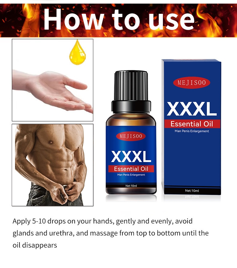 Here are some SEO-optimized ALT texts for the image:  1. Step-by-step guide on how to use XXXL Essential Oil for men, featuring hand display and instructions. 2. XXXL Essential Oil bottle by Meijisoo, designed for male enhancement, alongside usage instructions. 3. 