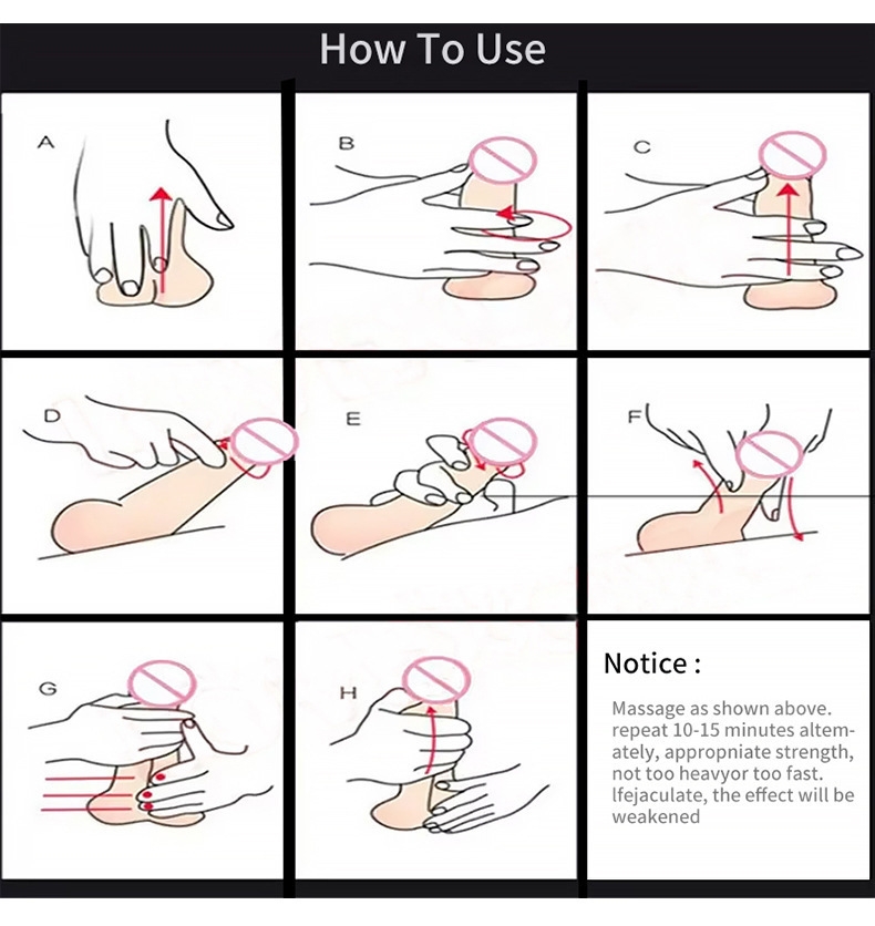 1. Step-by-step guide on how to use a massage technique, showing hand movements. 2. Visual instructions illustrating different hand positions for massage.