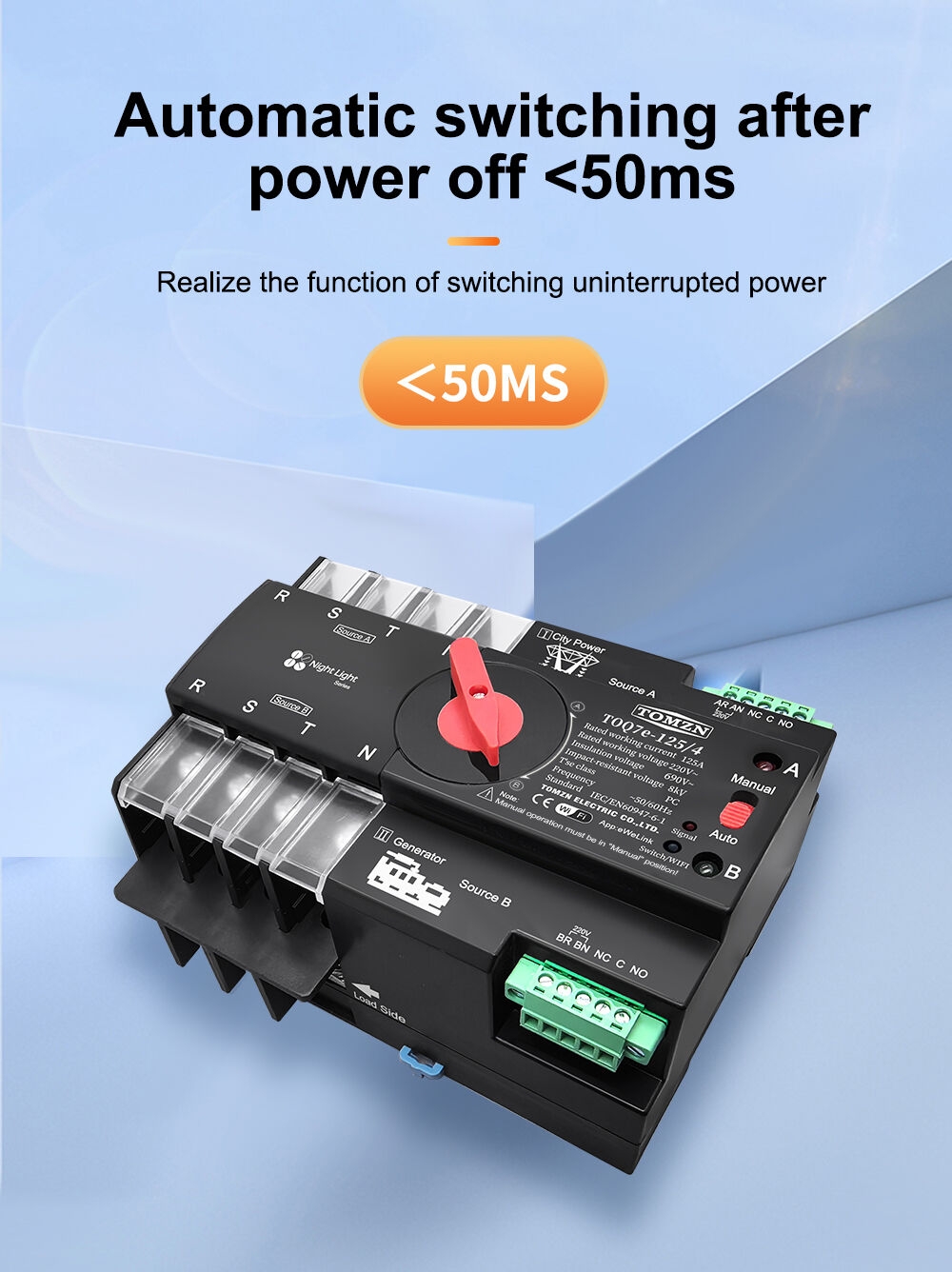 TOMZN Din Rail eWelink WIFI smart ATS timer 230V Dual Power Automatic Transfer Selector Switch Uninterrupted 4P 125A Generator