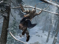 Connor using the tree branches of the forest as a highway in Assassin's Creed III