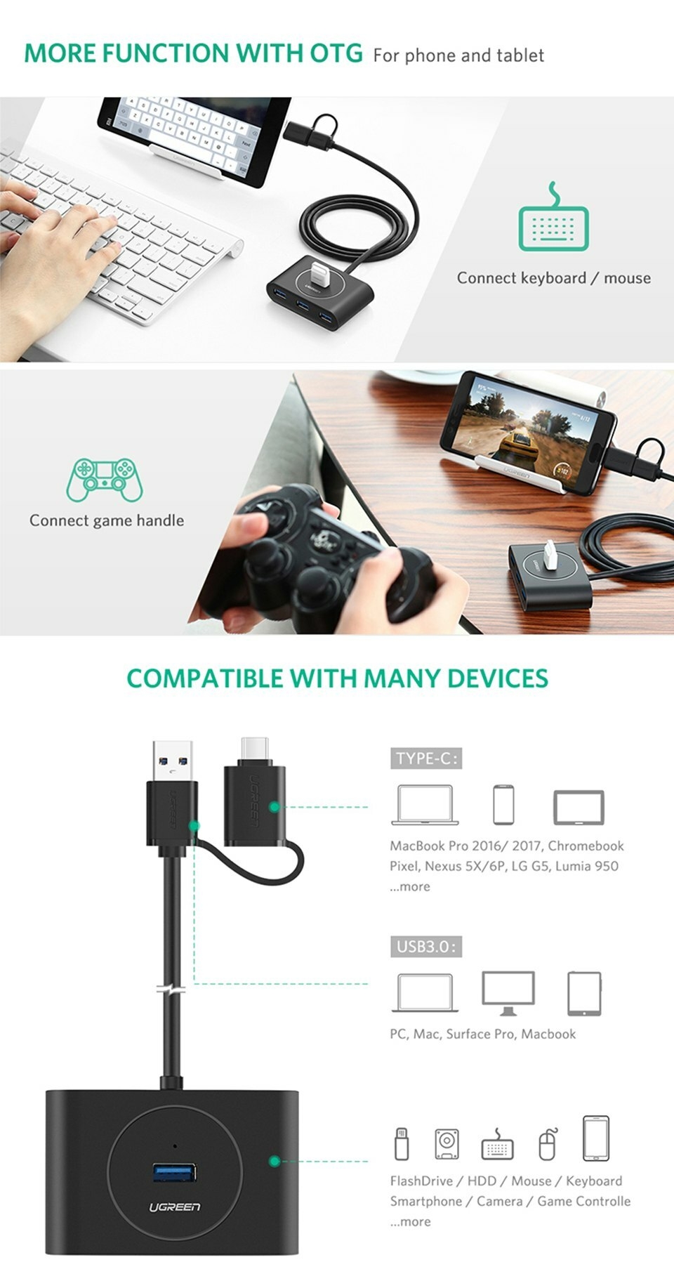 Ugreen 4 Ports USB 3.0 Hub With Type-C USB 3.1 OTG Adapter Ugreen 4 Ports USB 3.0 Hub With Type-C USB 3.1 OTG Adapter features 2