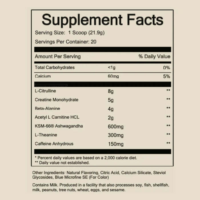 Supplement facts label showing ingredients and nutritional information for a dietary supplement.