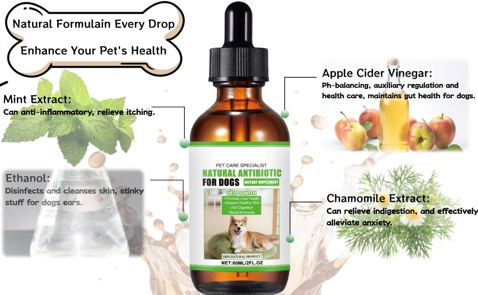 Text reads 'Natural Formula in Every Drop' and 'Enhance Your Pet's Health'. Product image shows herbal supplement dropper bottles with ingredients including Apple Cider Vinegar, Chamomile Extract, and Mint Extract.