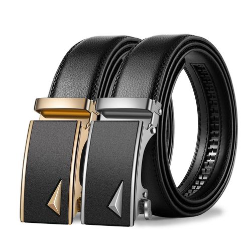 2 Pack Men Ratchet Automatic Belt, Gold Silver Triangle Alloy Buckle PU Leather Business Casual Trouser Belt For Men Gift