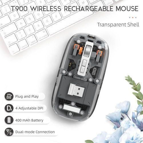Bluetooth 2.4G Mini Lightweight Mouse,Transparent Clear Cool,Rechargeable Silent Computer Mice,Nano USB C Receiver, LED Battery Magic Silm for Office/PC/Mac/Laptop/Apple/ipad