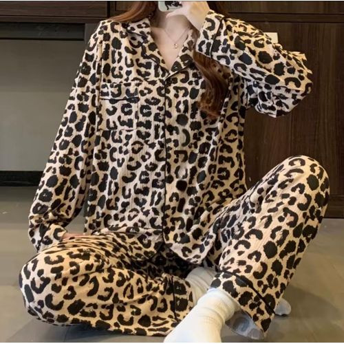 Woman’s leopard print pyjamas set-Button-down long sleeve top and pants (luxury lounge wear)