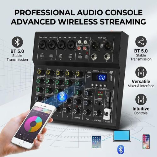 Professional 6 Channel Digital DJ Mixer Console Audio Mixer with USB Port Supports Bluetooth Connection Playback Black