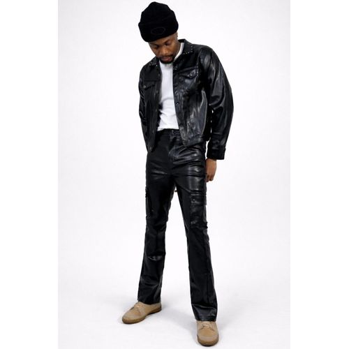 Faux Leather Studded Collar Jacket With Pants- Black