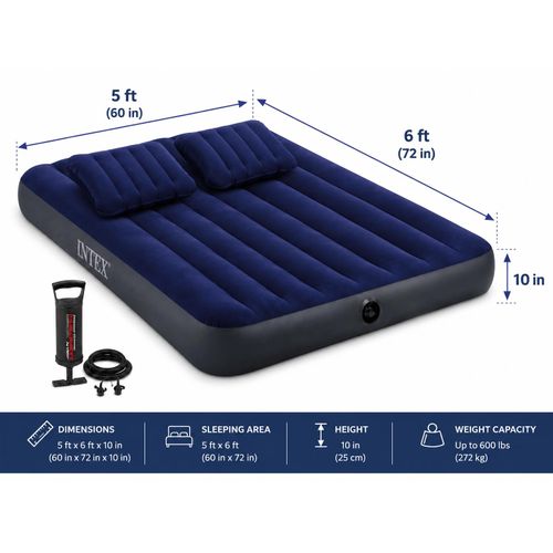 Queen-size air mattress with 2 pillows and hand air pump 5ft by 6ft 10height.