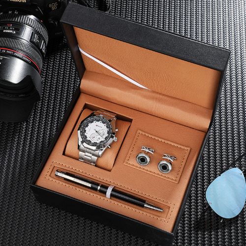 3Pcs Men's Gifts Set Calendar Quartz Wrist Watch, Cufflinks , Signature Pen + Gift Box