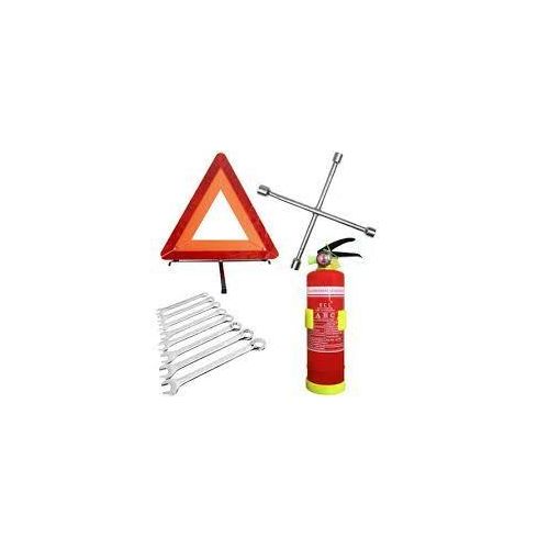Car safety, fire extinguisher, c caution, wheel spanner and set of 8 spanners