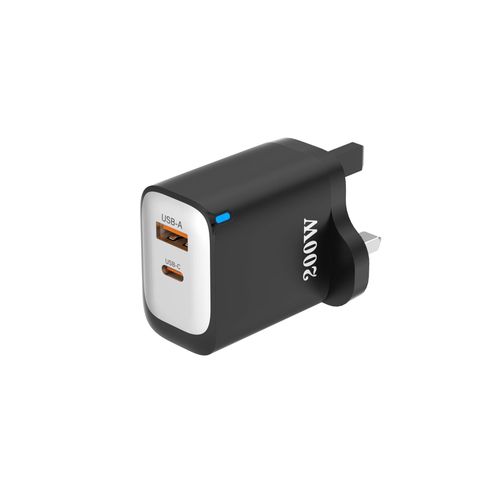 Fast Charging 200W Wall Charger with dual USB A and C port and a fast charging data cable with Type C & iPhone head