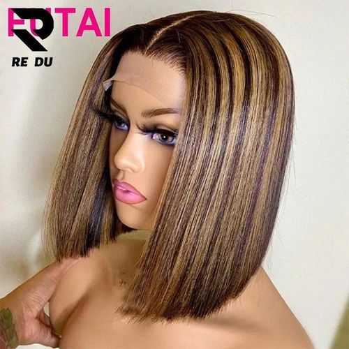 Piano Straight Blunt Bob Genuine Wig With 4x4 T Lace Closure Highlight