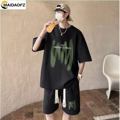 Men's Fashion casual Short Sleeved T-shirt And Shorts 2-in-1 Set - Black