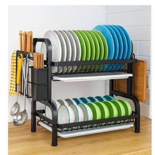 Plate Rack Dish Drainer Large Dish Drying Rack For Kitchen Countertop 2-Tiers Black