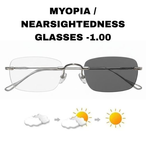 Silver Square Cut Photochromic Myopia / Nearsightedness Rimless Glasses For Men & Women (-1.00)