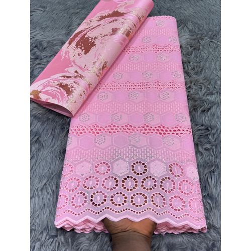 Dry Paper Voile Lace Fabric Baby Pink Openwork Pattern with stone –long length 60. 5yards. No headtie