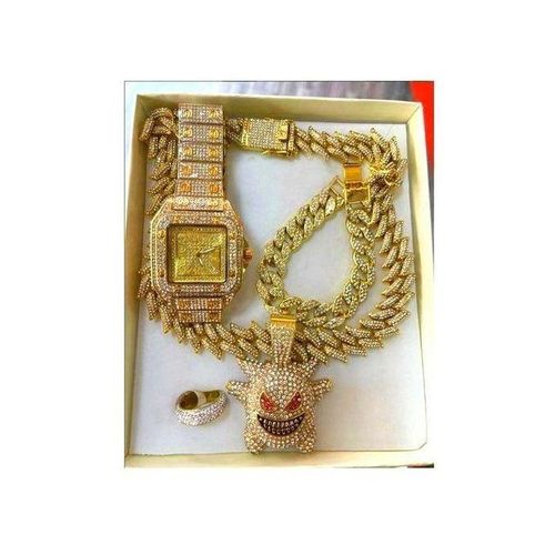 First Grade Iced Studded Classic Wrist Watch For Mens With Cuban Necklace, Bracelet & Ring