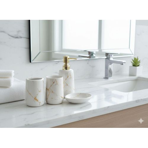 4-Piece Luxury cream Gold Marble Ceramic Bathroom Accessory Set Soap Dispenser Toothbrush Holder Tumbler Cup Soap Dish