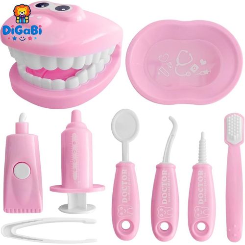 9PCS Plastic Simulation Dentist Play Set Medical Kit Pretend Toy for Kids Hygienic Habbit Cultivation Role Play Game for Children (Pink)