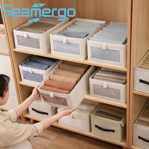 Durable Cotton Linen Closet Storage Bin With Clear Window Foldable Clothing Organizer For Pants & Shirts