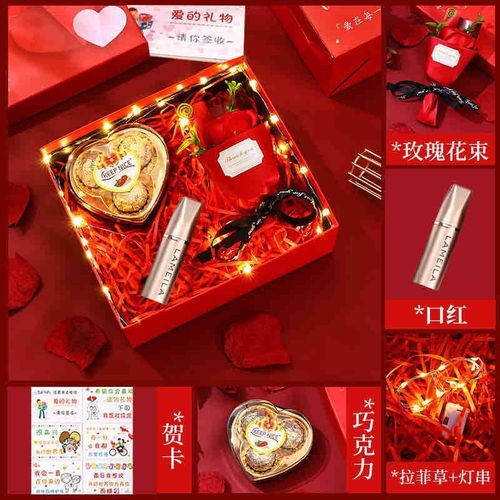 Luxury Valentine & Birthday Gift Box Set for Women – Mini Rose Bouquet, Lipstick, Chocolates & LED String Lights