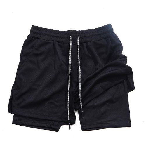 Men Fitness Bodybuilding/Swimming Shorts with inner tights - Black