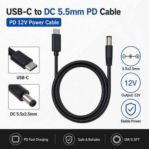 USB Type C to DC 5.5x2.5mm Power Cable PD 12V DC Charging Cord 1M