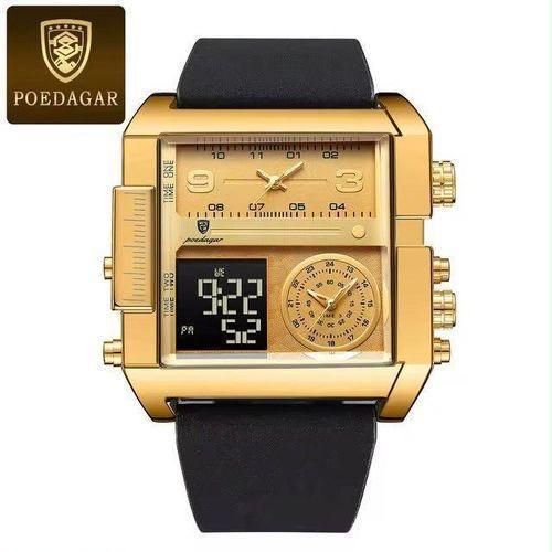 Luxury Men's Stainless BlackLeather Digital/Analogue Watch - Waterproof, Luminous With Calendar & Chronograph Functions +FREE NECKLACE