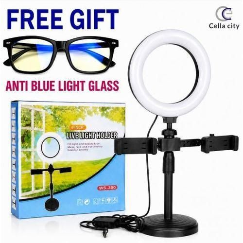 A Universal Desktop LED light Double Phone Adjustable Stand MOUNT + FREE Unisex Anti Blue Light Glass (To Enjoy With )